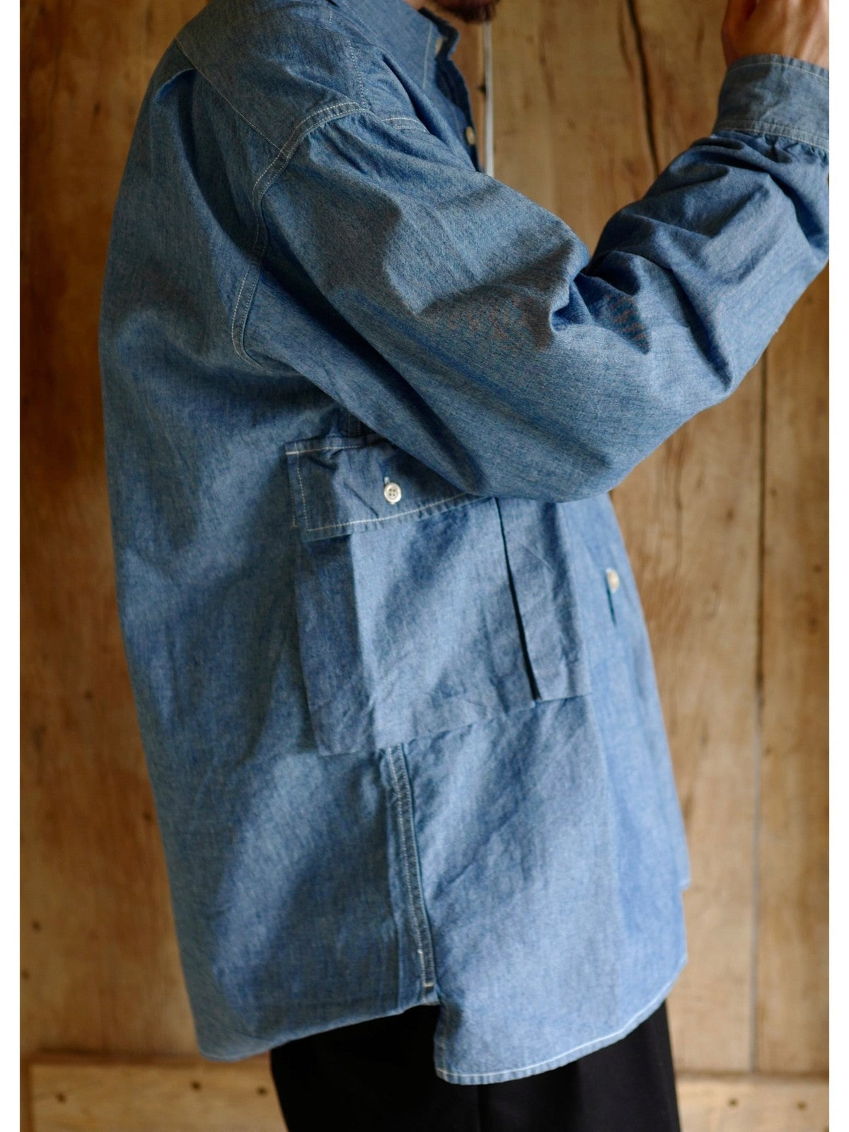 USAGE Cotton Chambray Safari Shirt in Denim - On Male Model