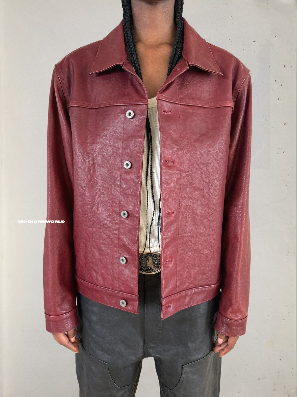 UNKNOWNWORLD Distressed Scarlet Leather Jacket in Red - On Model