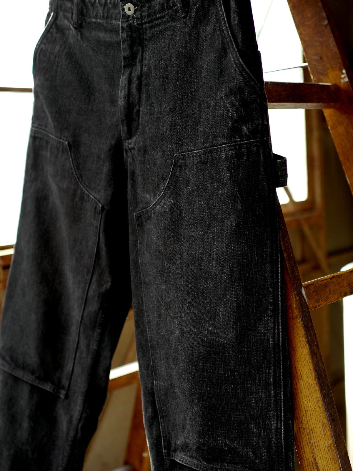 USAGE Washed Denim Double Knee Trousers in Black - Lifestyle
