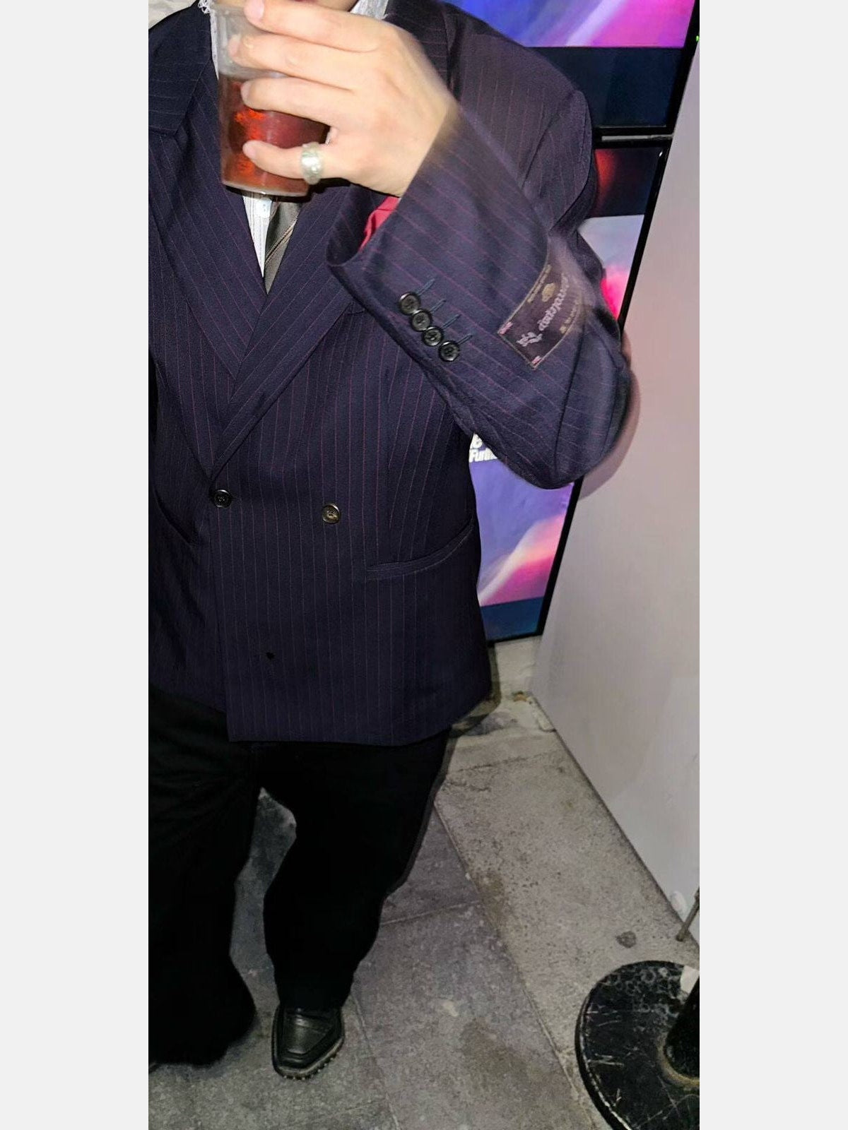 SOD Striped Double Breasted Wool Blend Blazer in Navy Blue - On Male Model