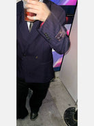 SOD Striped Double Breasted Wool Blend Blazer in Navy Blue - On Male Model