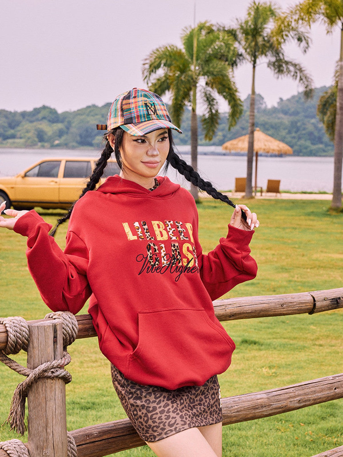BEERBRO Heavyweight Graphic Print Hoodie in Red - On Female Model