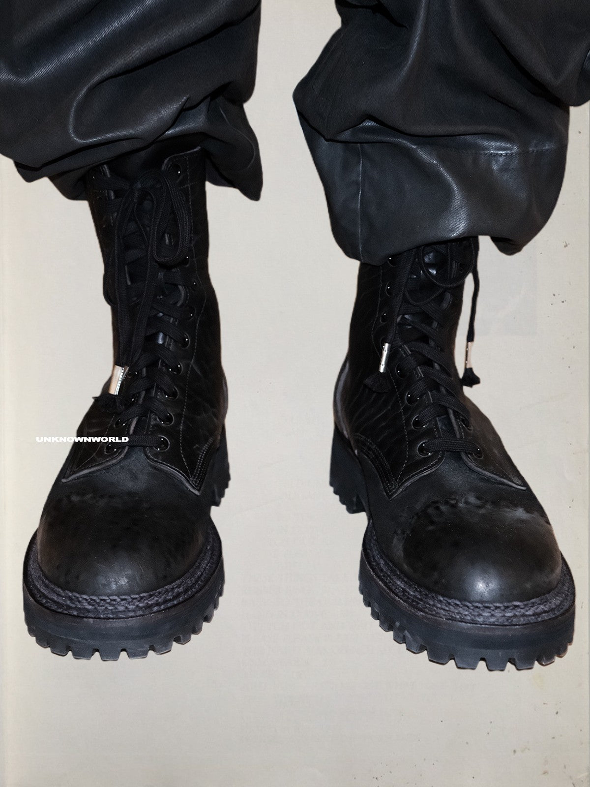 UNKNOWNWORLD Maryam Horse Leather Norwegian Welt Boots in Black - On Model