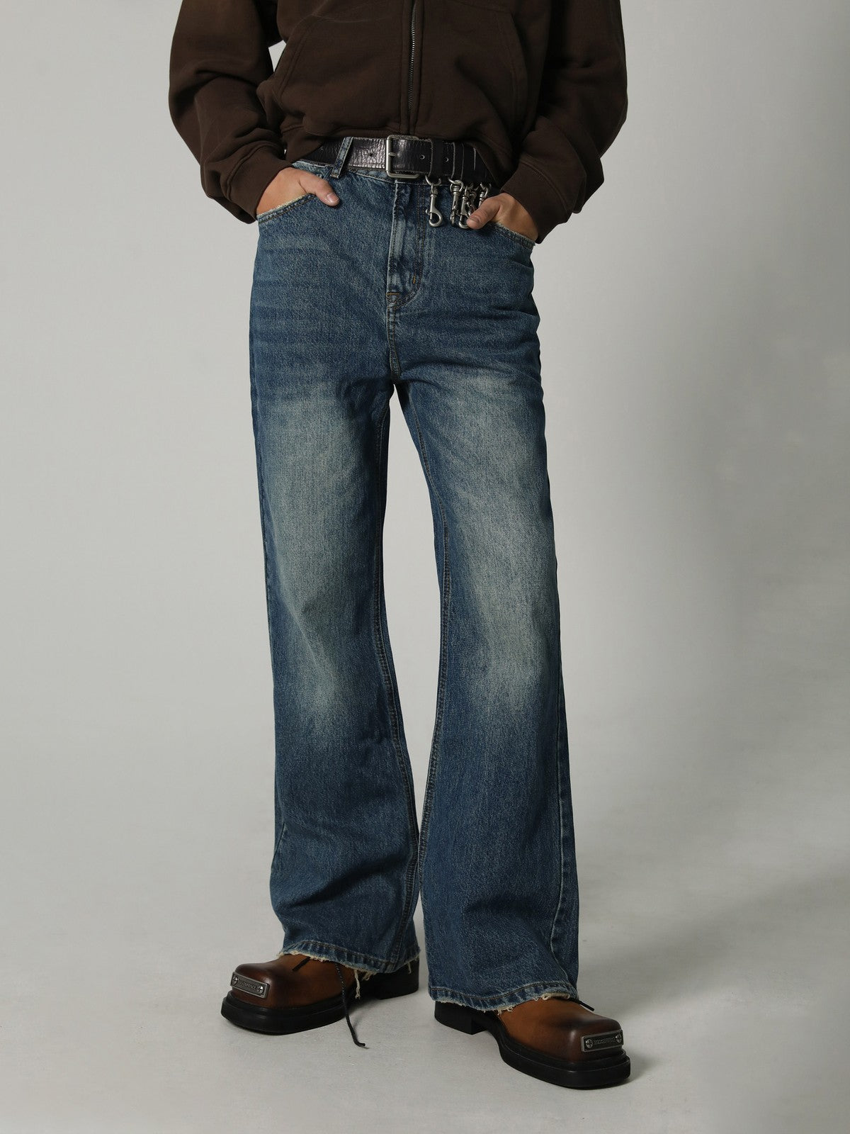 MASONPRINCE High Waisted Distressed Flared Jeans in Navy Blue - On Model
