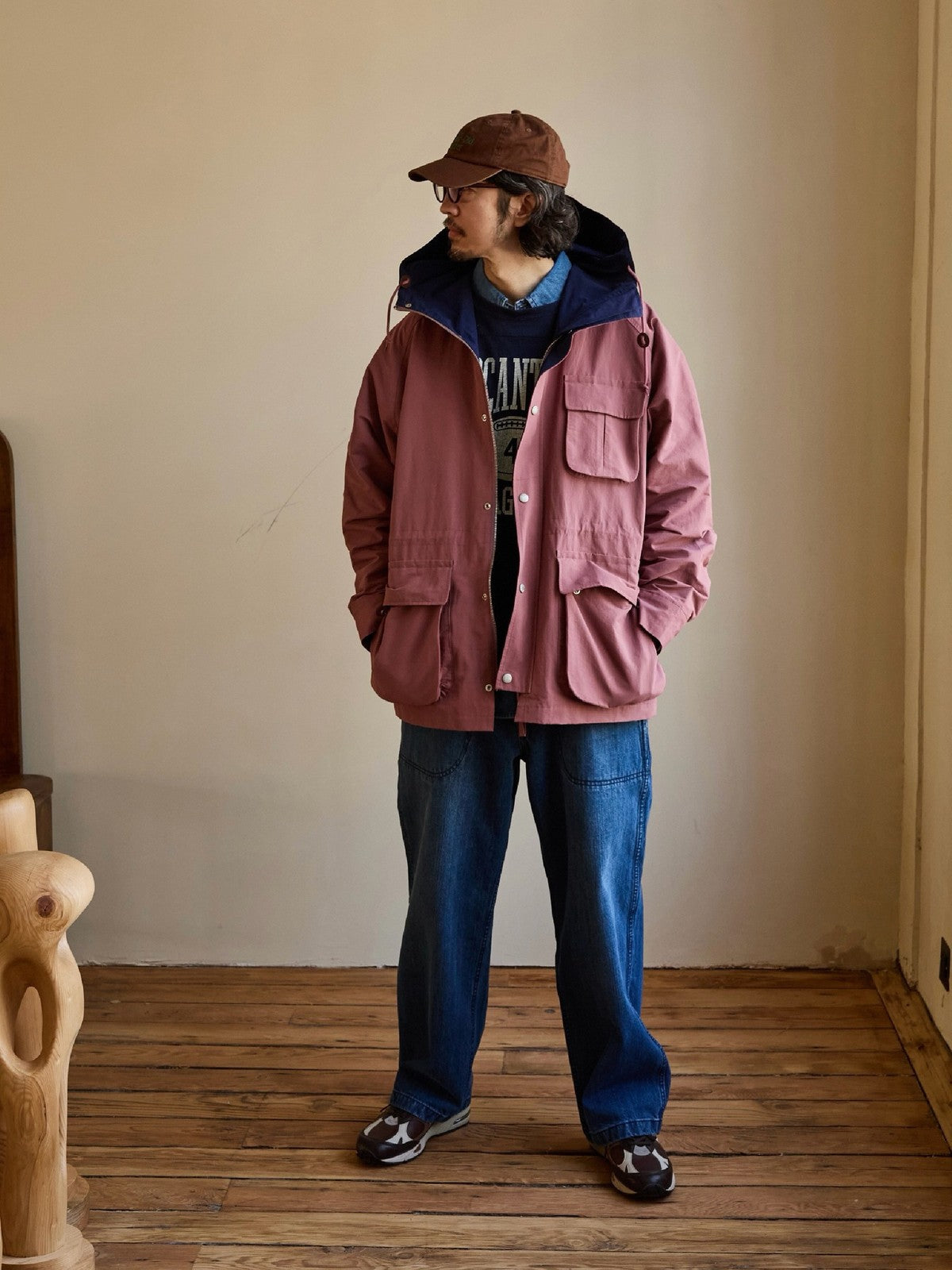 USAGE Cotton Nylon Hooded Mountain Parka in Pink - On Male Model