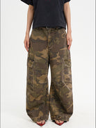 MASONPRINCE Curved Leg Camouflage Cargo Pants in Olive - On Female Model
