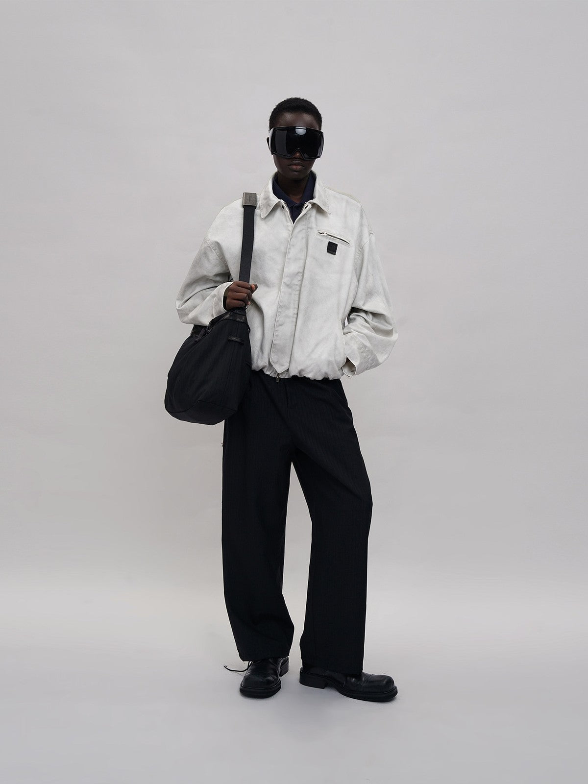 MASONPRINCE Distressed Cotton Cocoon Workwear Jacket in Gray - On Male Model