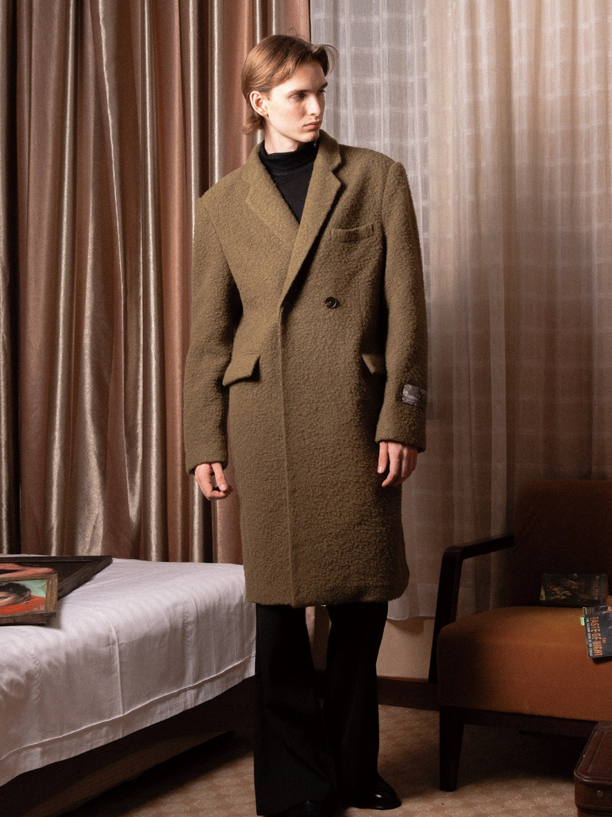 SOD Oversized Double Breasted Wool Blend Coat in Green - On Male Model