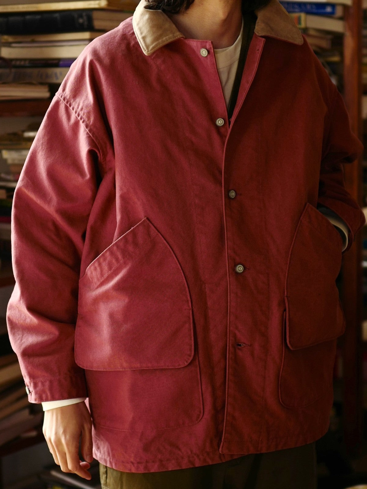 USAGE Heavyweight Canvas Hunting Jacket in Burgundy - On Male Model
