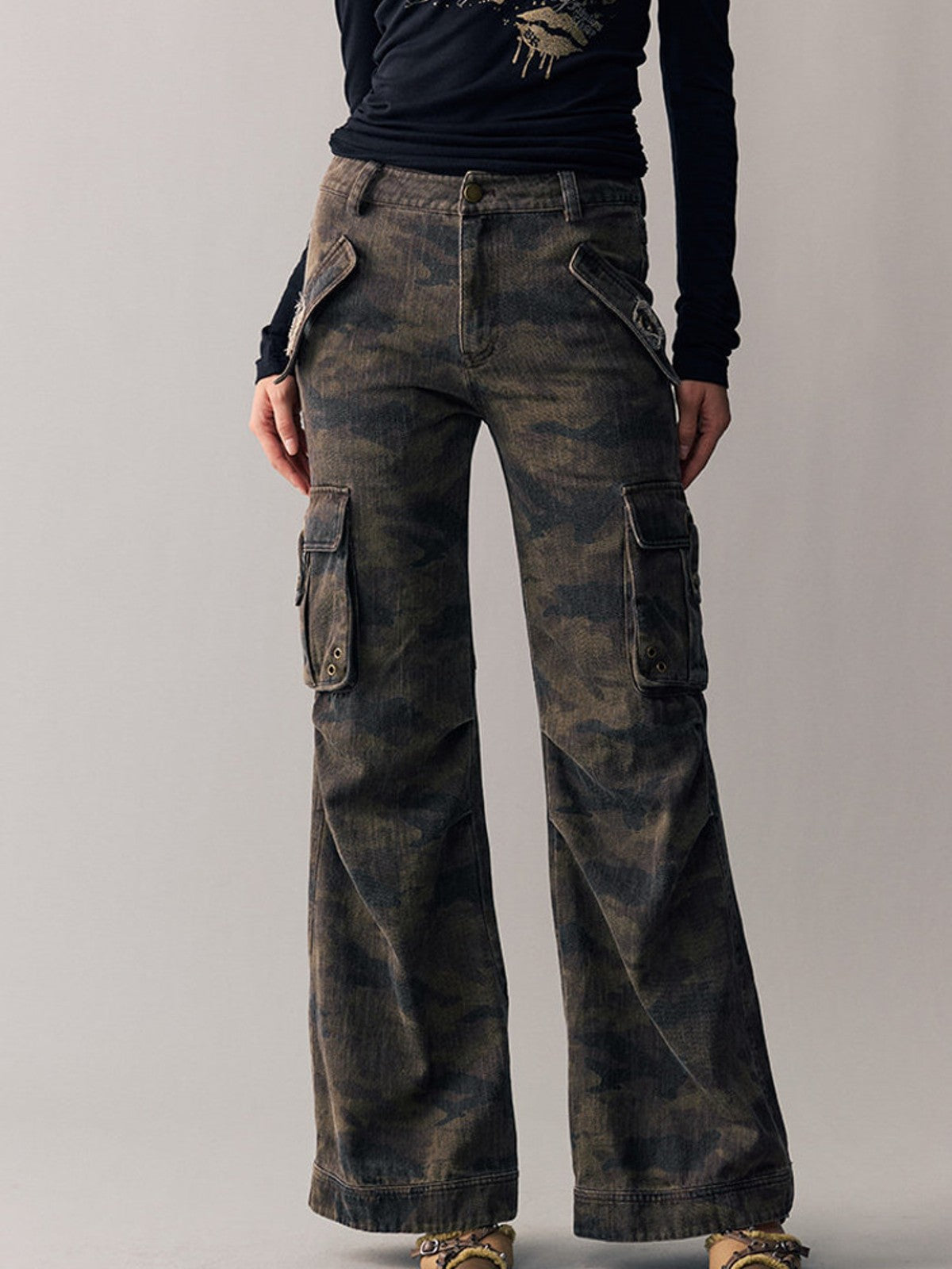 BEERBRO Washed Camo Micro Flare Cargo Pants in Brown - On Female Model