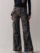 BEERBRO Washed Camo Micro Flare Cargo Pants in Brown - On Female Model