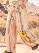BEERBRO Washed Cotton Striped Cargo Pants in Pink - On Female Model