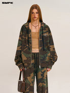 SMFK Cross Embroidered Cotton Zip Up Hoodie in Green - On Female Model