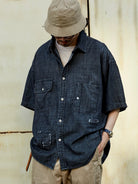 USAGE Distressed Short Sleeve Denim Shirt in Gray - On Male Model