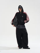 BLINDNOPLAN Contrast Tape Zip Up Hoodie in Black - On Male Model