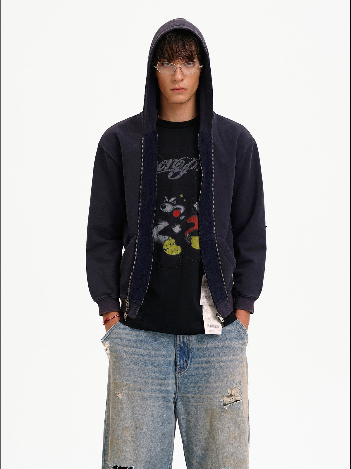 MASONPRINCE Faux Layered Zip Up Hoodie in Navy - On Male Model