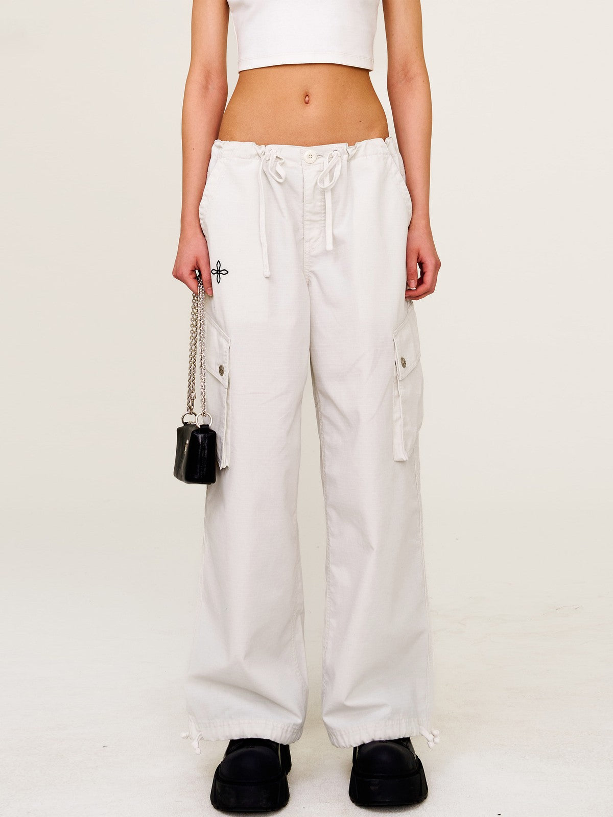 SMFK Wide Leg Parachute Cargo Pants in Gray - On Female Model