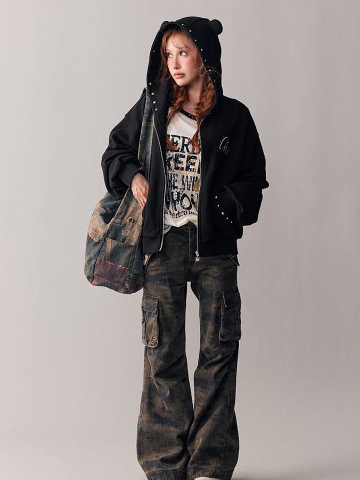 BEERBRO Washed Camo Micro Flare Cargo Pants in Brown - On Female Model