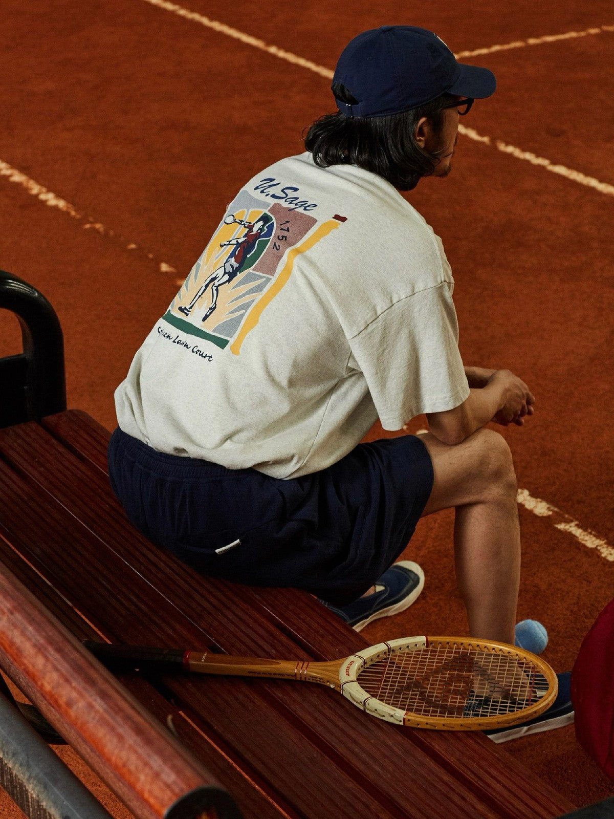 USAGE Retro Tennis Graphic Cotton T Shirt in Gray - On Male Model