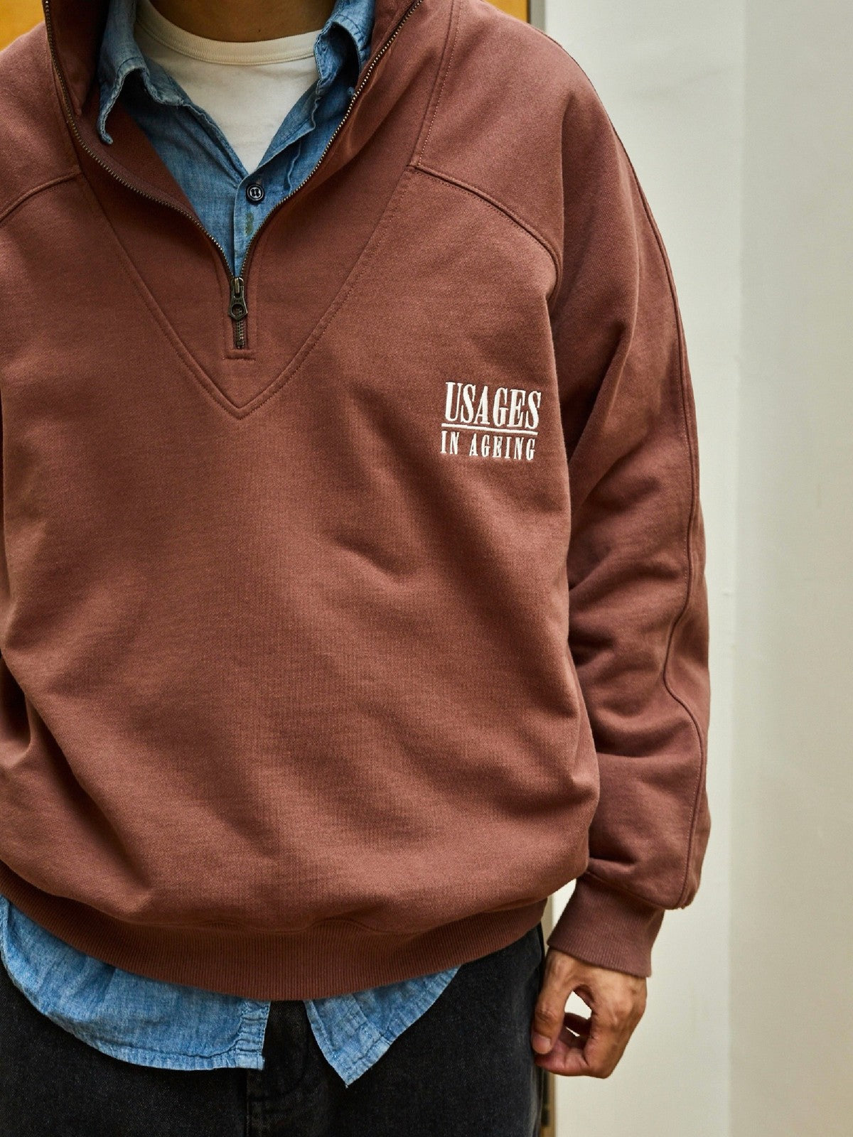 USAGE Heavyweight Cotton Half Zip Sweatshirt in Brown - On Male Model