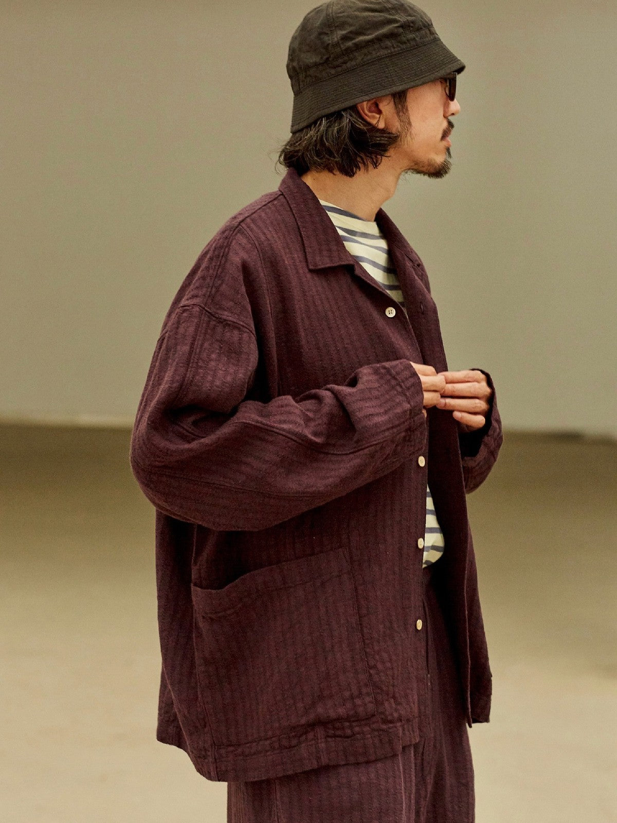 USAGE Textured Cotton Ramie Work Shirt in Purple - On Male Model