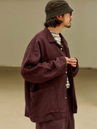 USAGE Textured Cotton Ramie Work Shirt in Purple - On Male Model