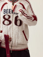 BEERBRO Varsity Patch Zip Up Cardigan in Off-White - On Female Model