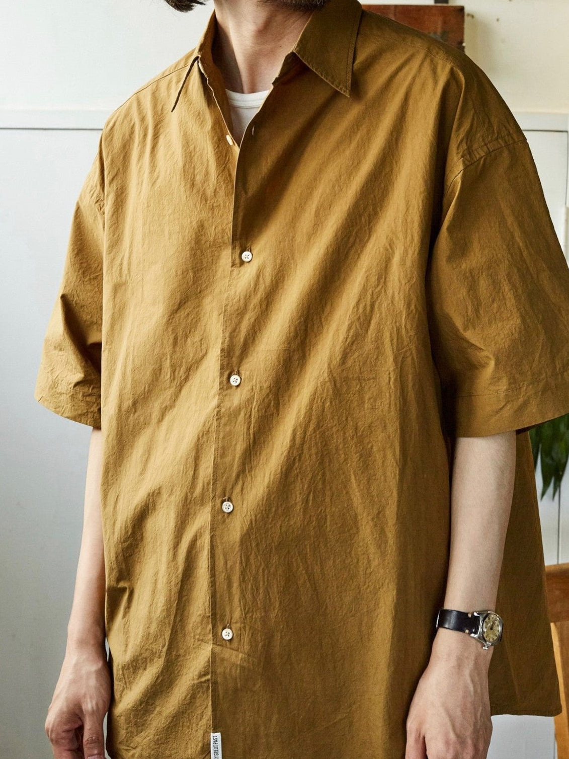 USAGE Cotton Crinkle Short Sleeve Shirt in Beige - On Male Model