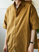 USAGE Cotton Crinkle Short Sleeve Shirt in Beige - On Male Model