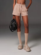 SMFK Cotton Wool Blend Drawstring Shorts in Beige - On Female Model