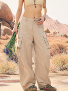 BEERBRO Washed Cotton Safari Cargo Pants in Beige - On Female Model