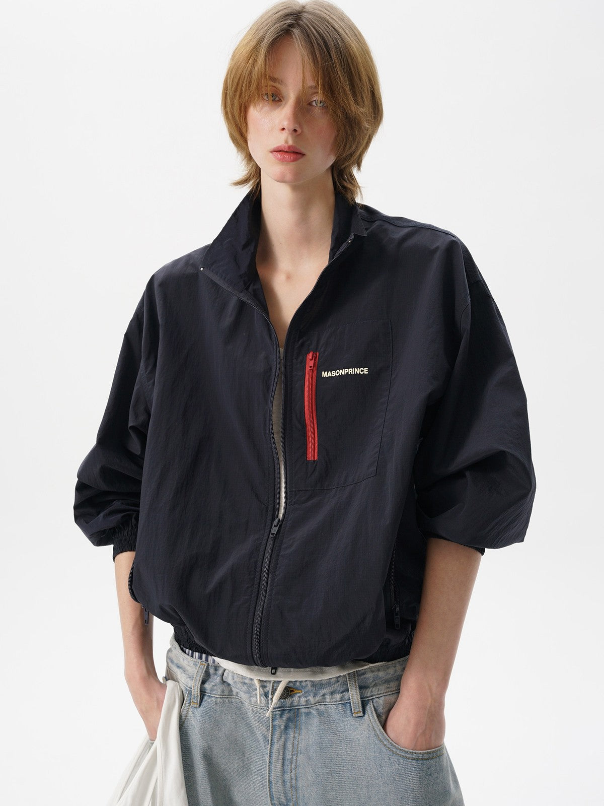MASONPRINCE Lightweight Tonal Check Nylon Jacket in Navy Blue - On Female Model