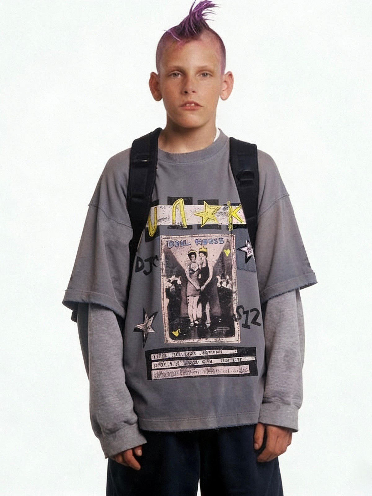 UNKNOWNWORLD Sun Faded Distressed Graphic T Shirt in Denim - On Male Model