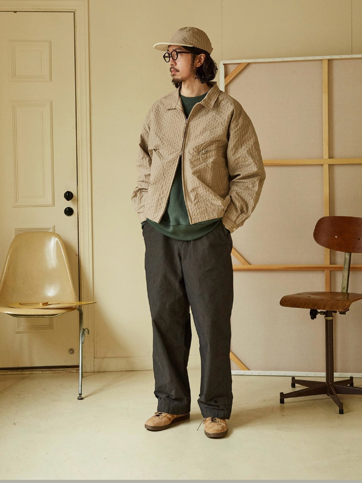 USAGE Jacquard Check Harrington Jacket in Beige - On Male Model