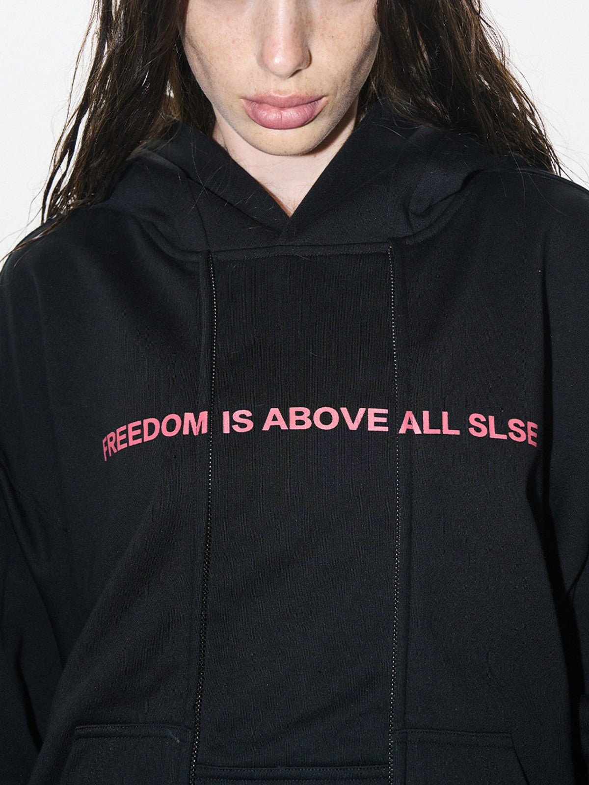 BLINDNOPLAN Faux Double Layer Paneled Hoodie in Black - On Female Model
