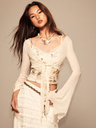 BEERBRO Sheer Mesh Tie Front Top in White - On Female Model