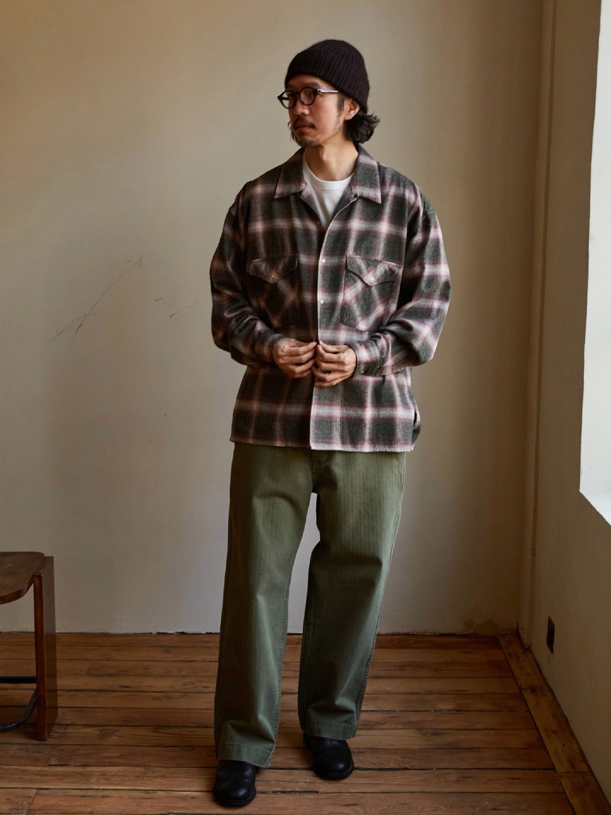 USAGE Brushed Plaid Western Shirt in Olive - On Male Model