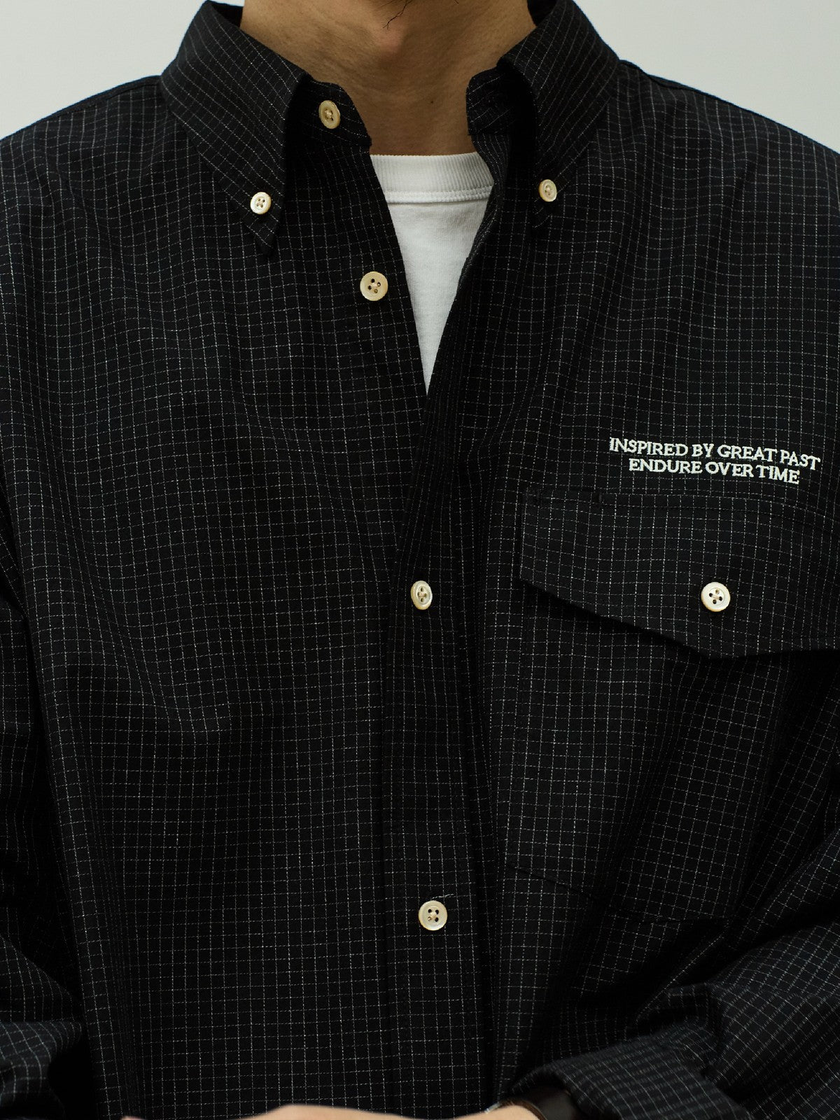 USAGE Oversized Micro Check Button Down Shirt in Black - On Male Model