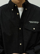 USAGE Oversized Micro Check Button Down Shirt in Black - On Male Model
