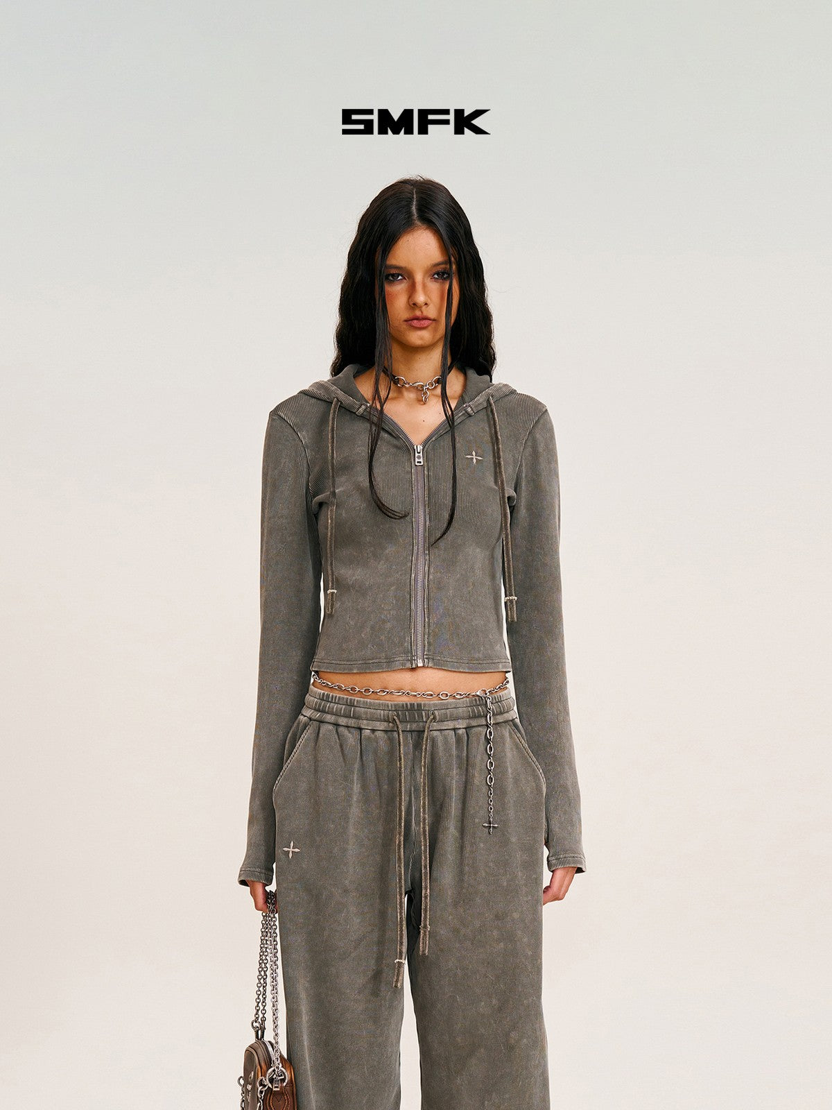 SMFK Washed Ribbed Zip Up Hoodie in Gray - On Female Model