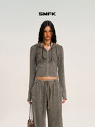 SMFK Washed Ribbed Zip Up Hoodie in Gray - On Female Model
