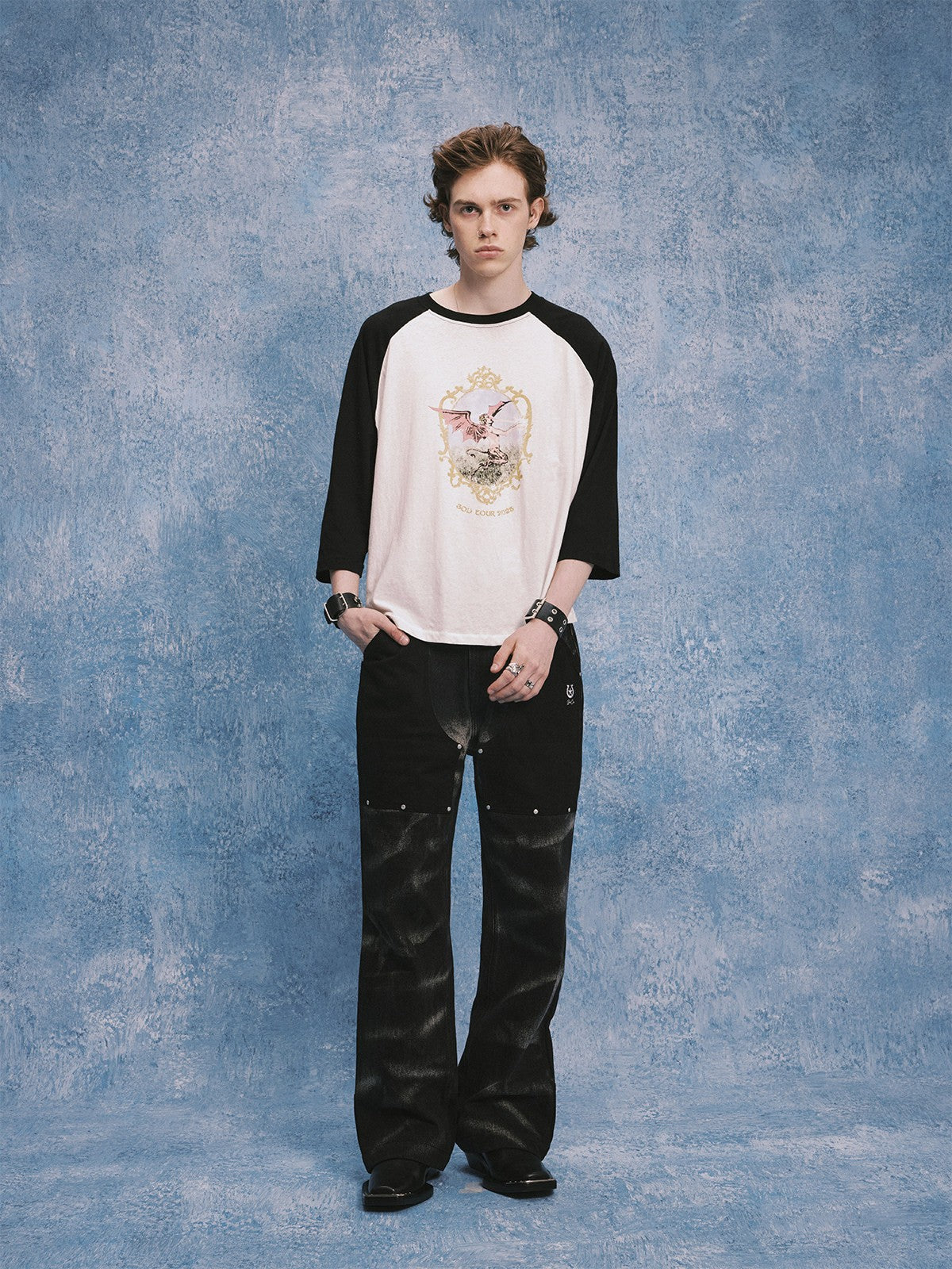 SOD Rivet Panel Micro Flare Jeans in Black - On Male Model