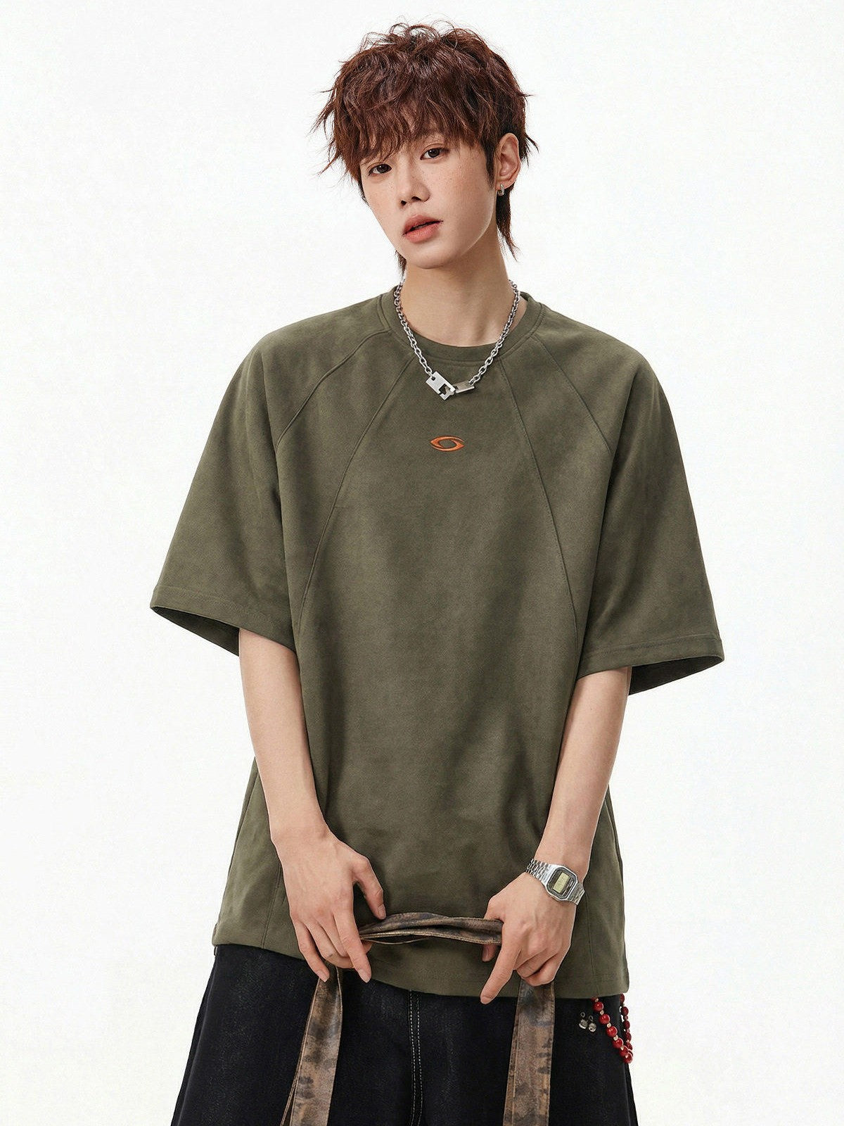 MASONPRINCE Faux Suede Embroidered T Shirt in Olive - On Male Model
