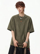 MASONPRINCE Suede Short Sleeve T Shirt in Olive - On Male Model
