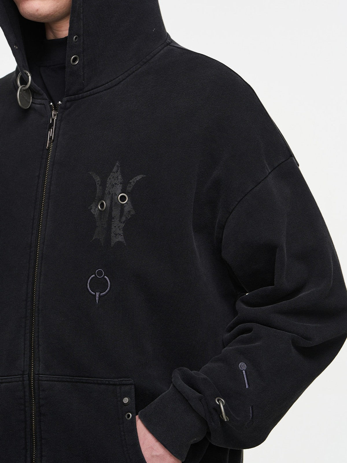 BLINDNOPLAN Washed Distressed Graphic Zip Hoodie in Black - On Male Model