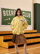 BEERBRO Detachable Hood Varsity Jacket in Yellow - On Female Model