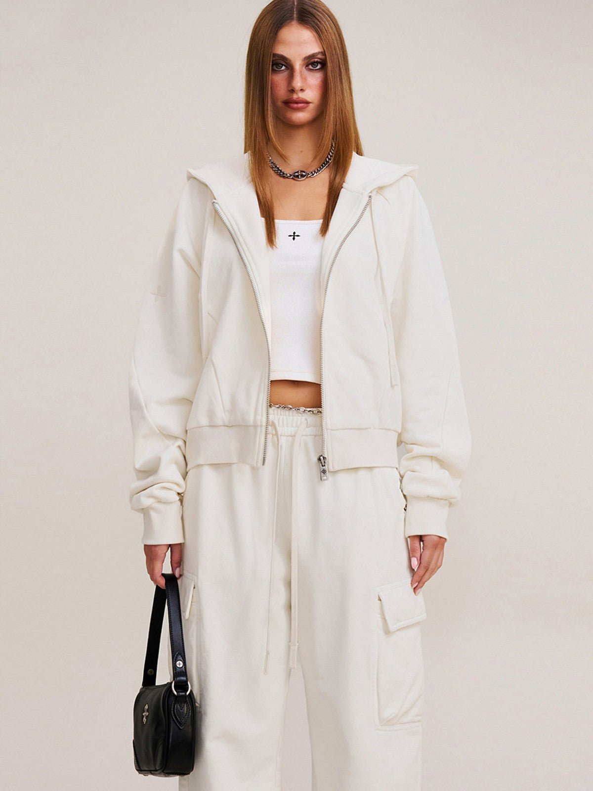 SMFK Garment Dyed Cotton Zip Up Hoodie in White - On Female Model