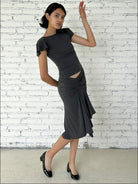 FaxCopyExpress Flutter Sleeve Open Back Top in Gray - On Female Model