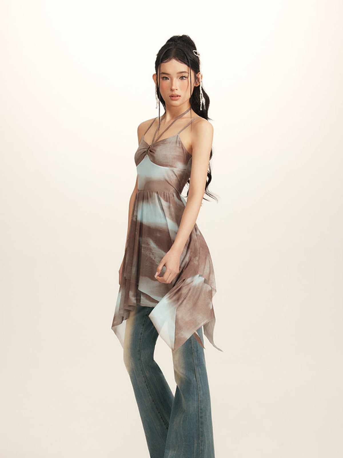 BEERBRO Tie Dye Mesh Ruched Cami Dress in Brown - On Female Model