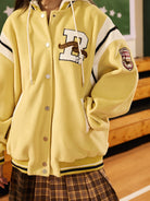 BEERBRO Detachable Hood Varsity Jacket in Yellow - On Female Model
